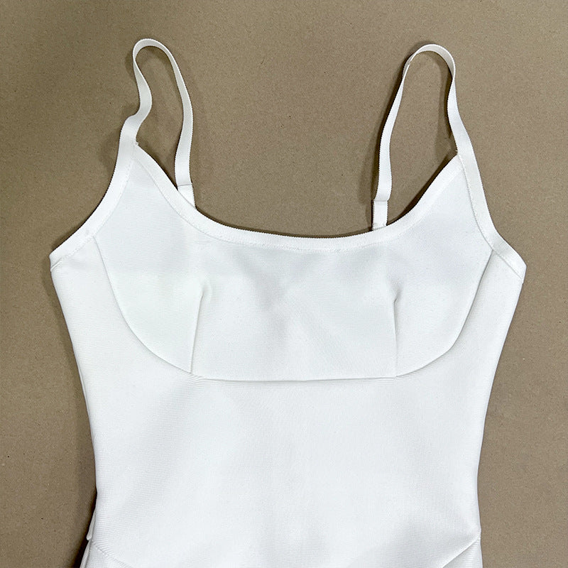 White Strappy Feather Midi Bandage Dress