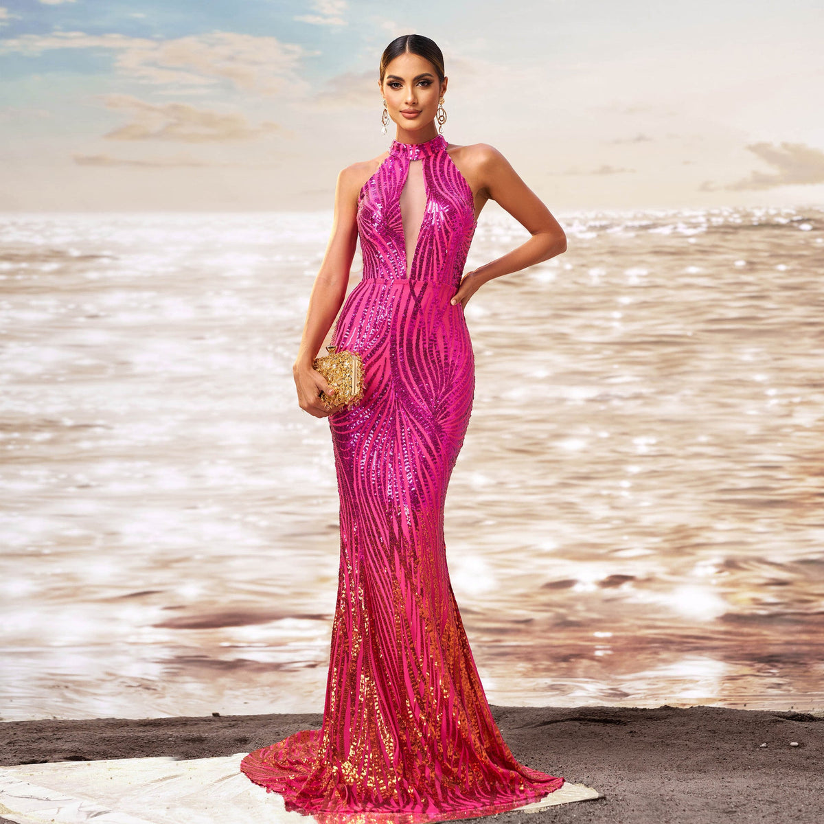Red Halter Neck Keyhole Cutout Sequin Mermaid Maxi Gown 2
