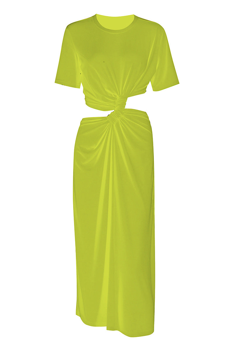 Lime Green Round Neck Short Sleeve Ruched Twist Front Cutout Maxi Dress