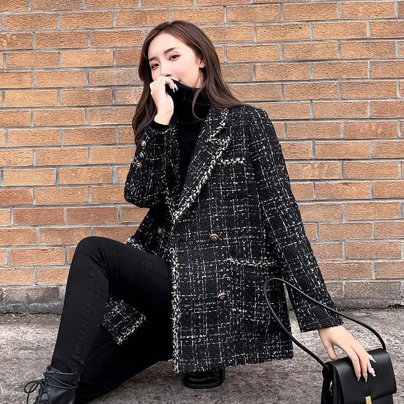 Loose Plaid Tweed Jacket Small Perfume Rough Flower Celebrity Splicing Small Suit