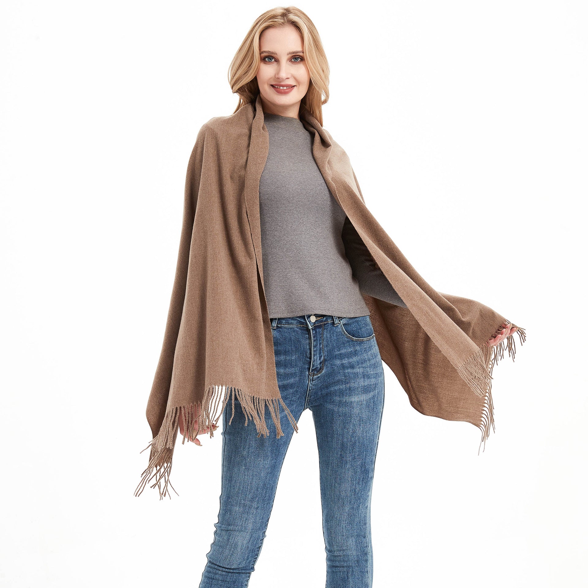 New Autumn Winter Fullpolyester Tassel Solidcolored Versatile Scarf
