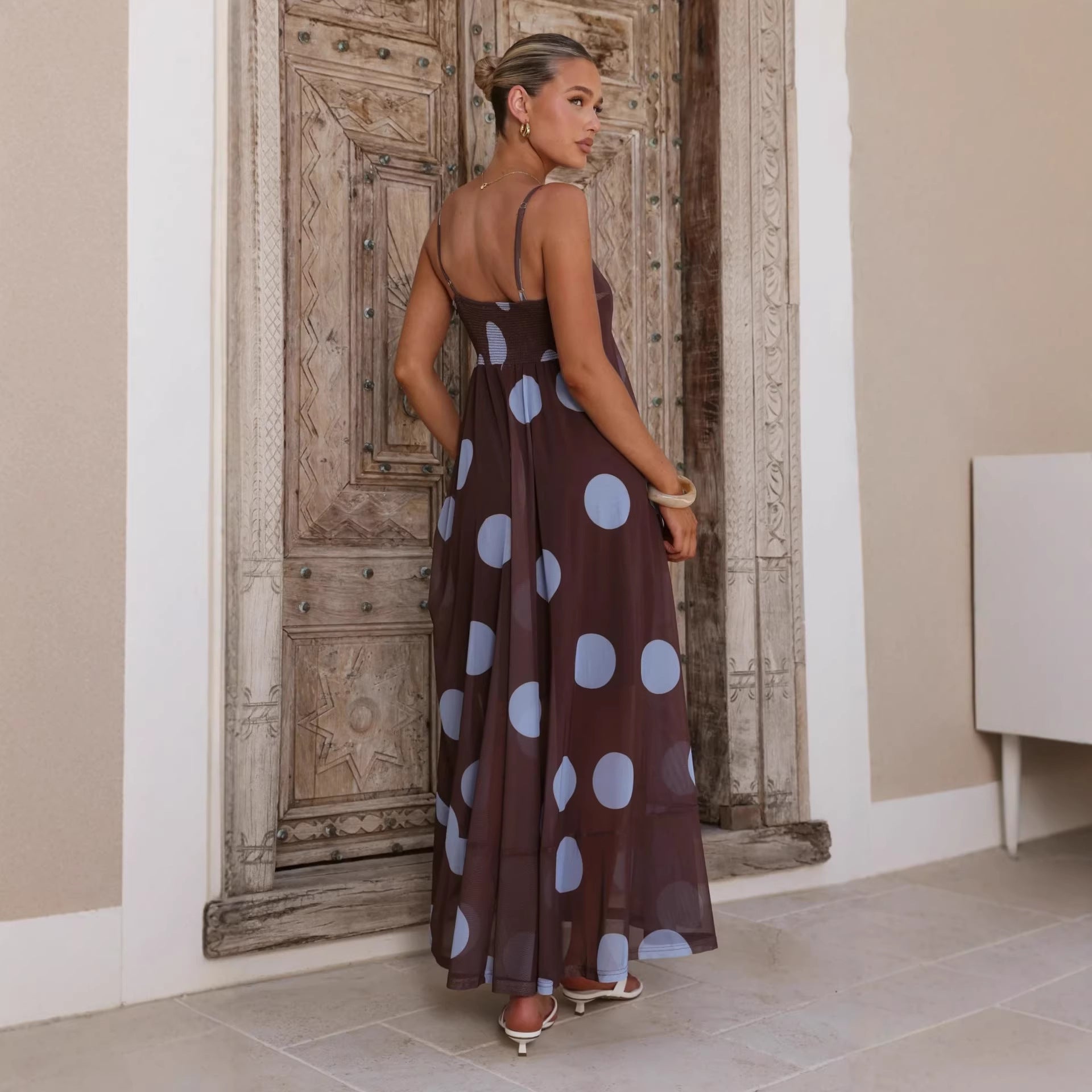Summer Cami Dress Mesh Polka Dot Print High Waist Big Swing Cami Dress