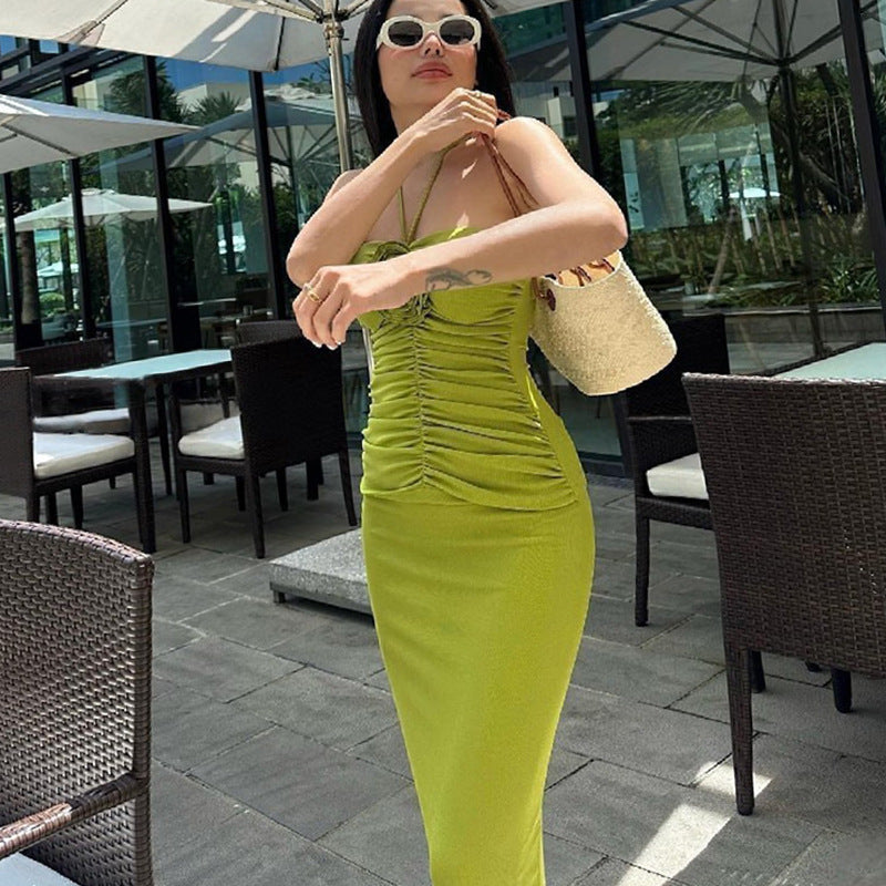 Halter Neck Rosette Applique Ruched Bodycon Maxi Dress 3