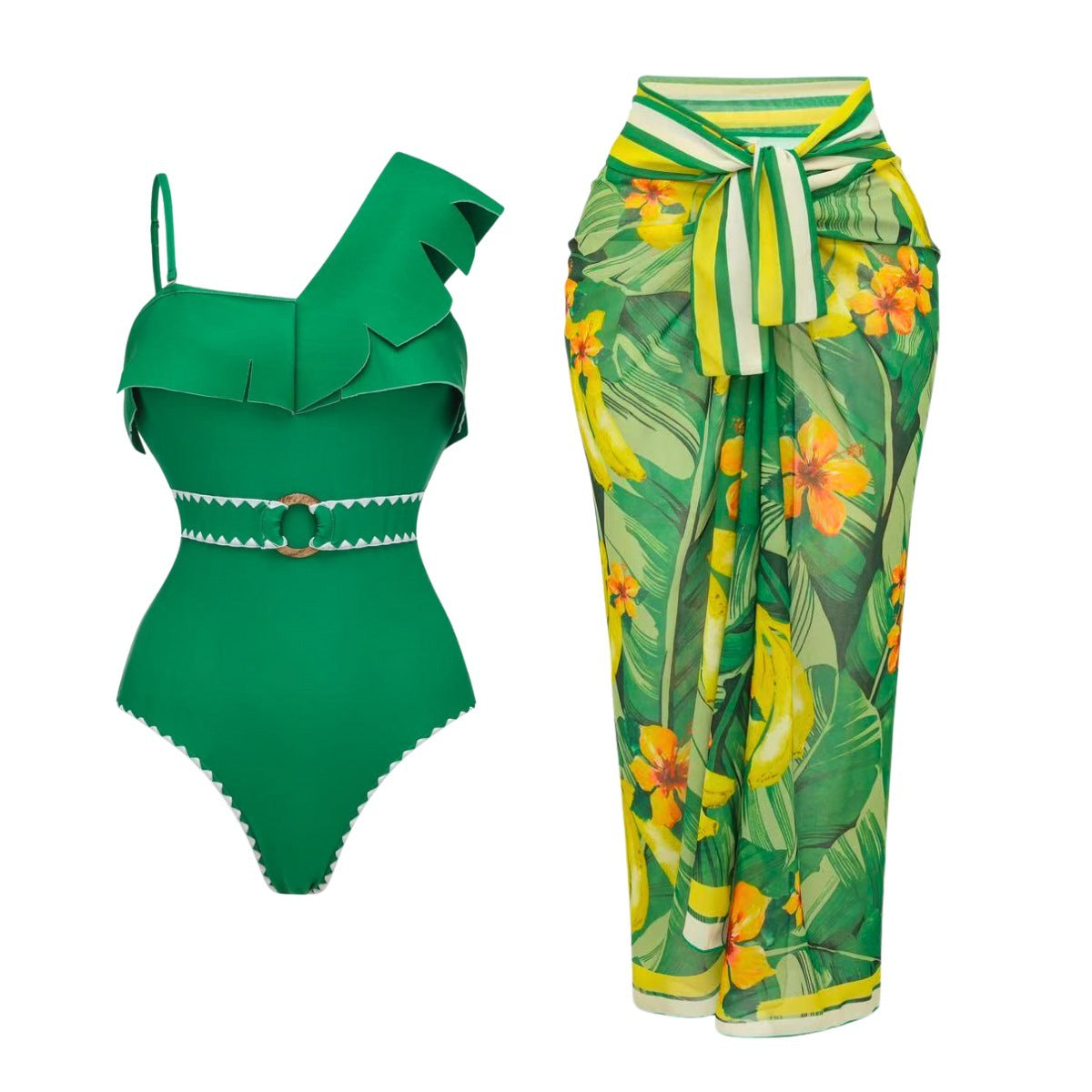 Green One-Shoulder Wrap Skirt Suit