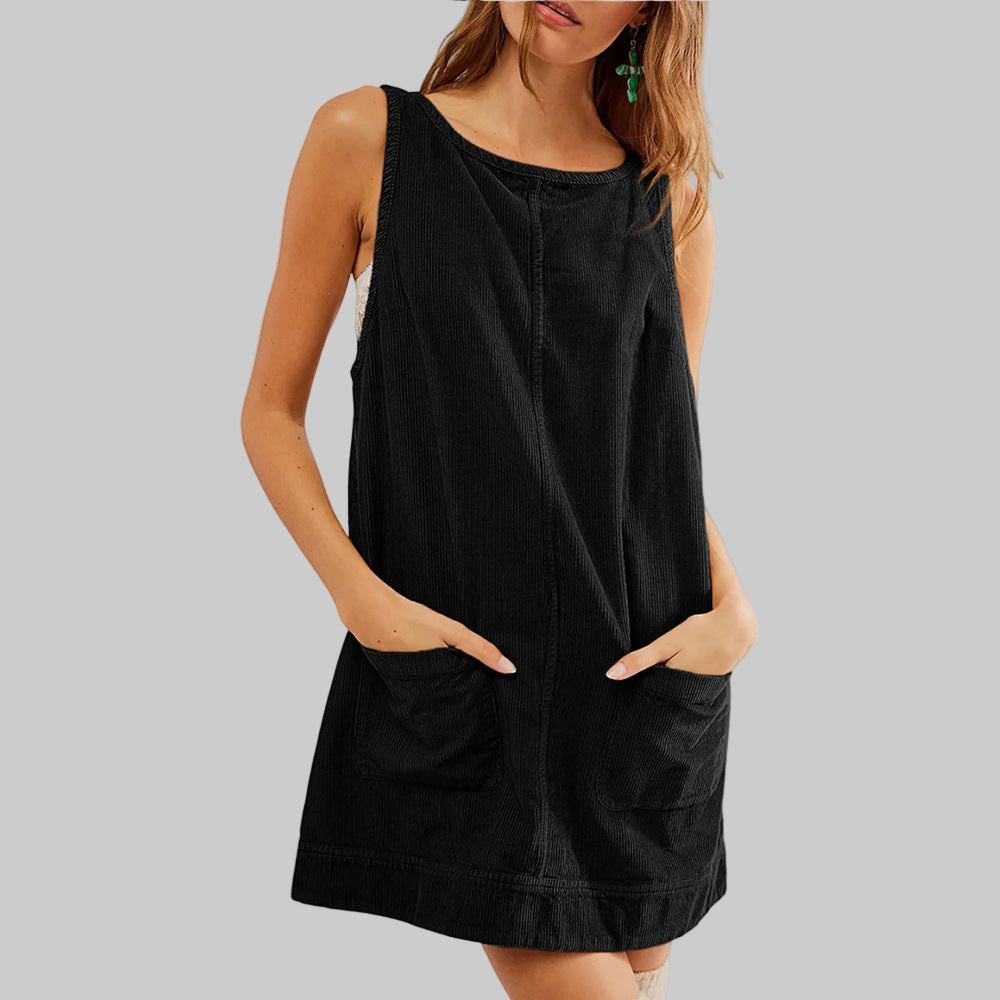 Round Neck Corduroy Patch Pocket Sleeveless A-Line Mini Dress