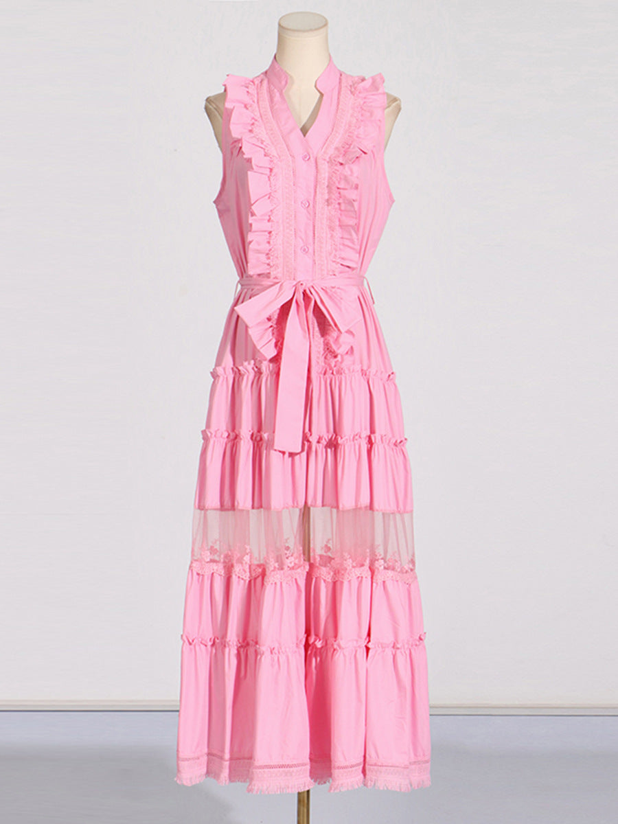 Pink Ruffle V-Neck Sleeveless Button Front Lace Trim Tiered Maxi Dress