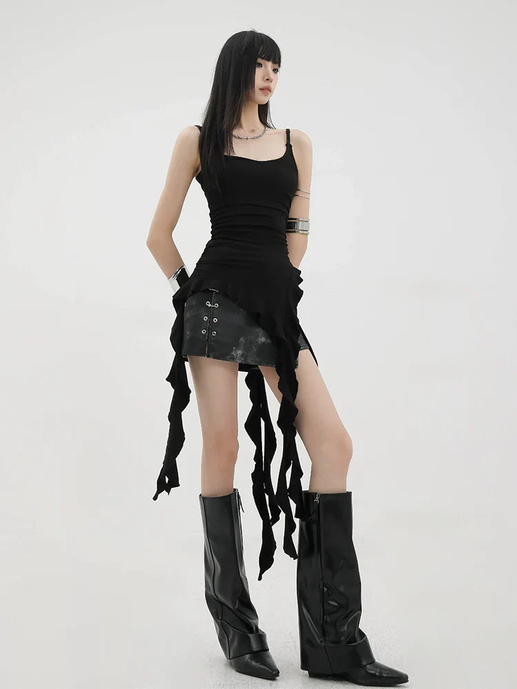 Black Asymmetric Ribbon Strap Tank Top With Ruffle Edge Design