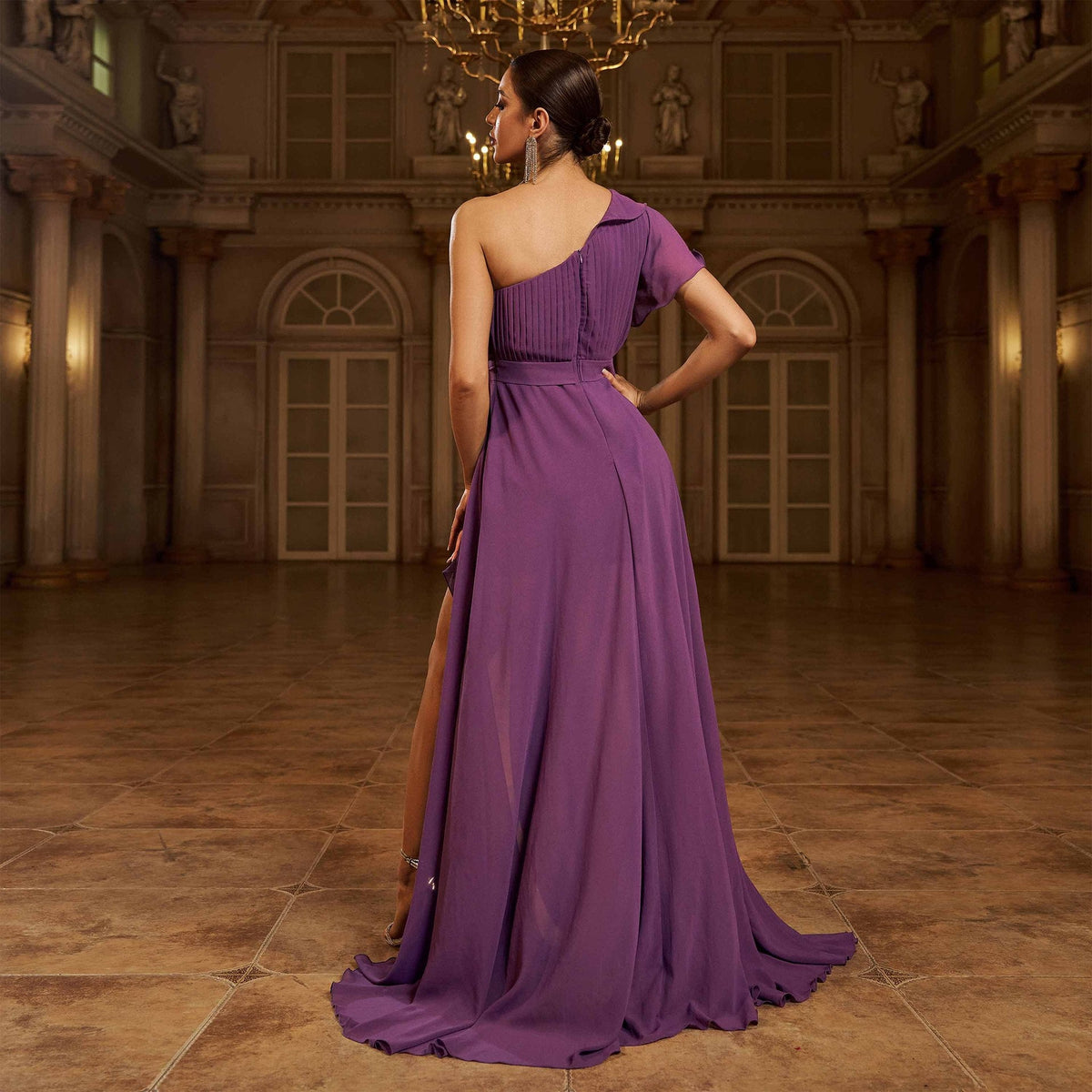 Purple One-Shoulder Ruffle Pleated Chiffon High Slit A-Line Maxi Gown