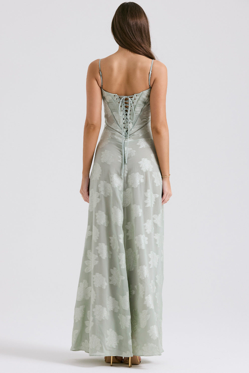 Spaghetti Strap Floral Jacquard Lace-Up Side Satin Maxi Dress