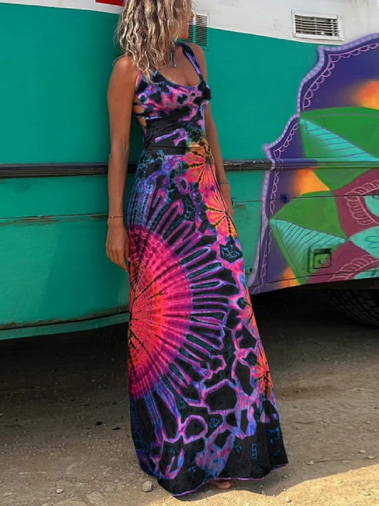 Abstract Floral Printing Backless Dress