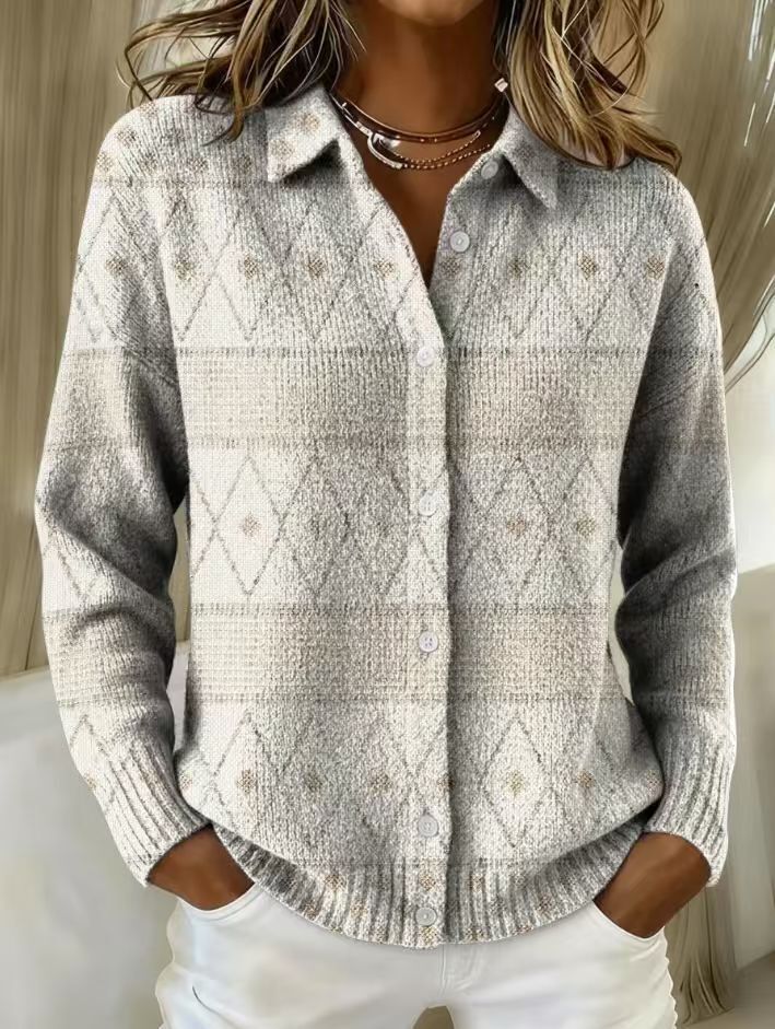 Light Color Collared Button-Up Argyle Diamond Pattern Knit Long Sleeve Shirt
