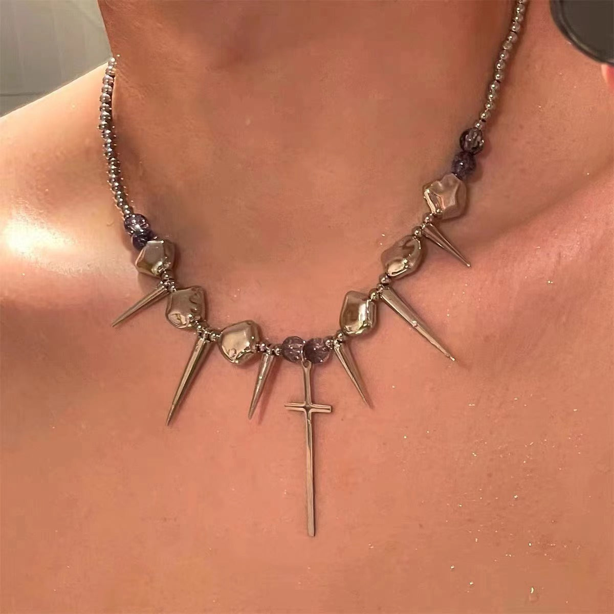 Punk Rivet Cross Titanium Steel Hiphop Sweet Cool Tassel Necklace