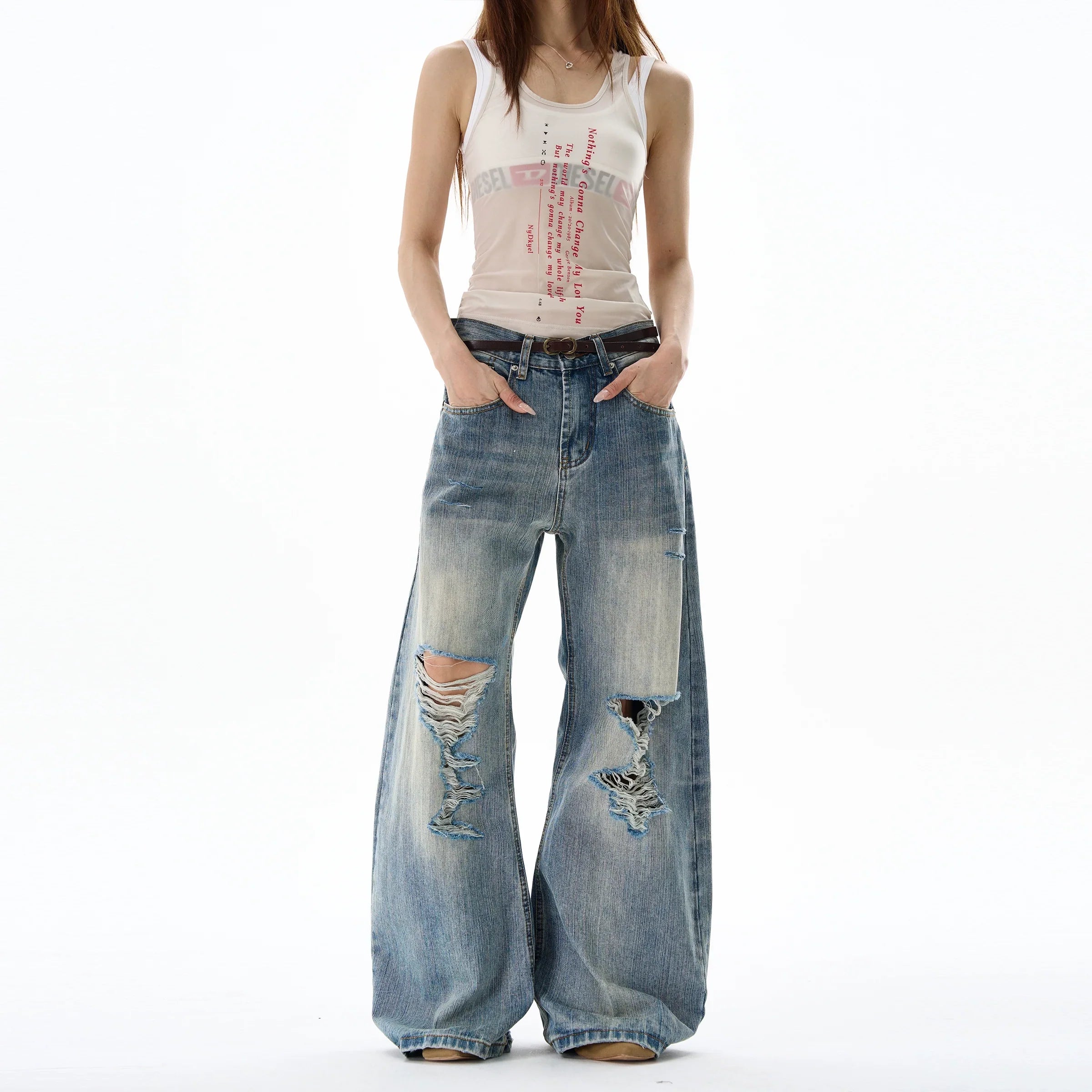 Heavy Knee Distressed Wide Leg Blue Jeans