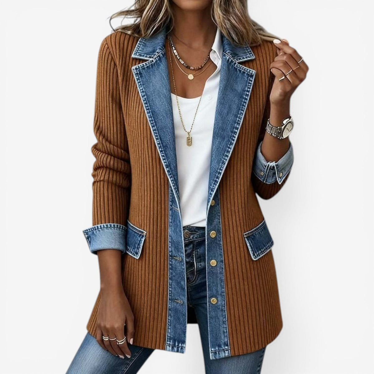 Notched Lapel Corduroy Denim Contrast Button Front Jacket 5