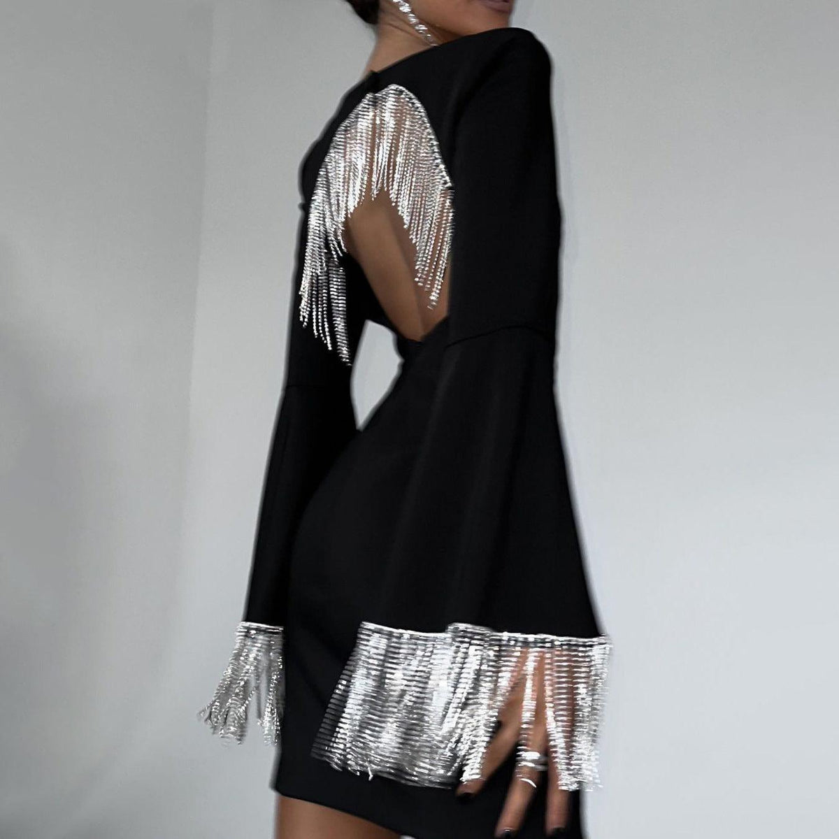 Black Long Sleeve Rhinestone Fringe Backless Bodycon Mini Dress 2