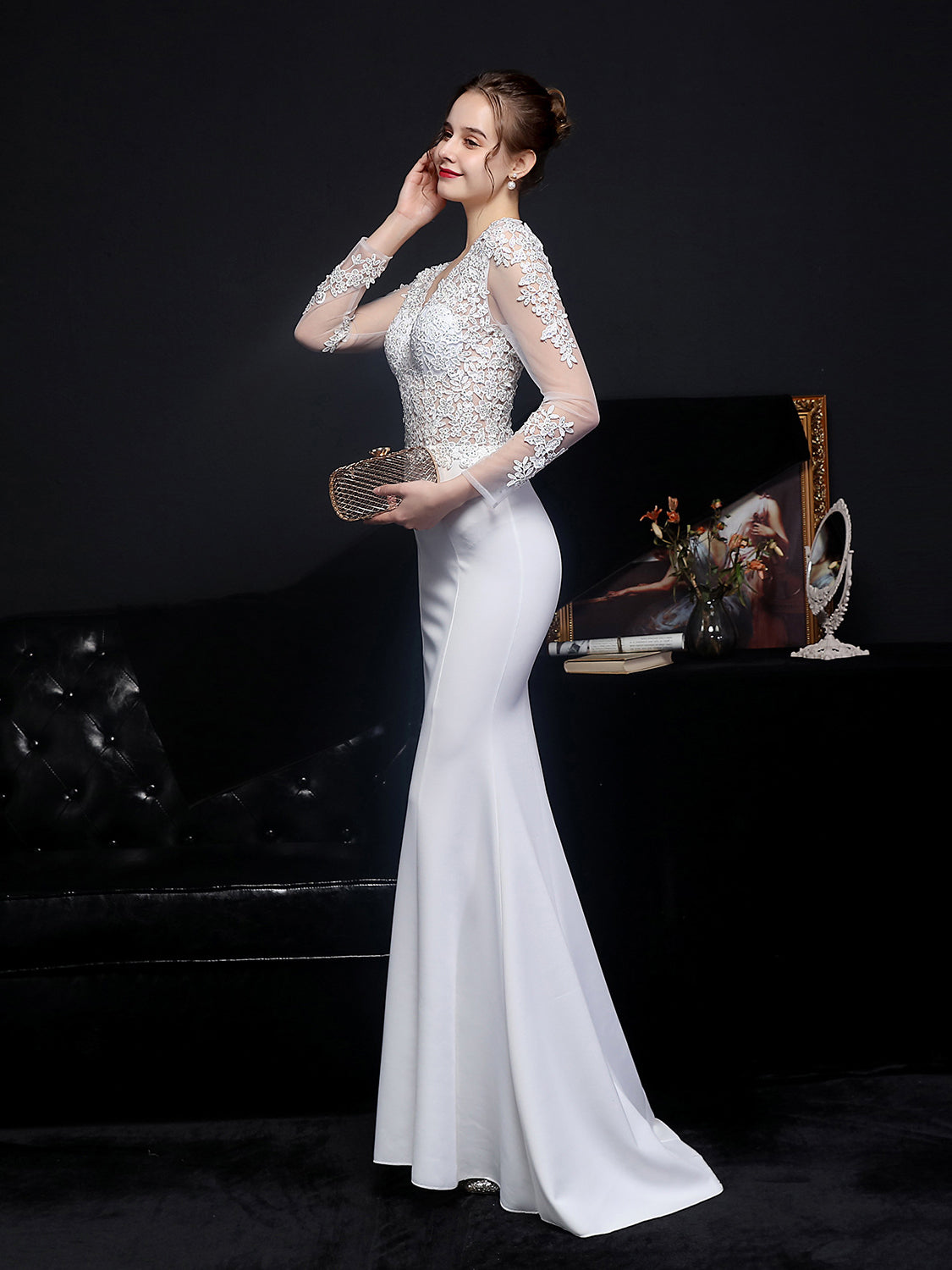 Lace long sleeved evening dress