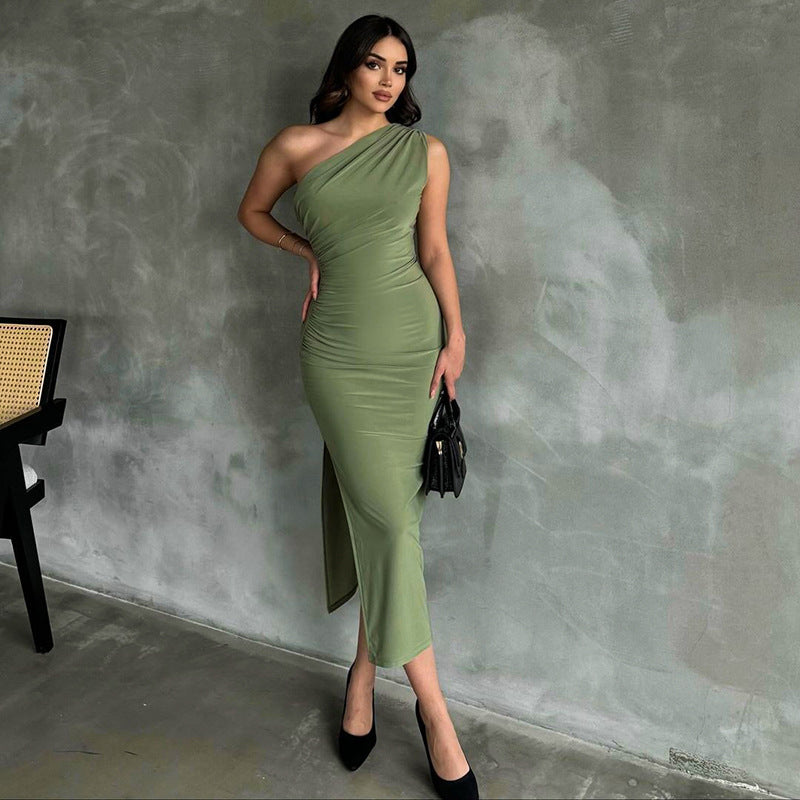One Shoulder Short Sleeve Asymmetrical Midi Bodycon Dress HB75620