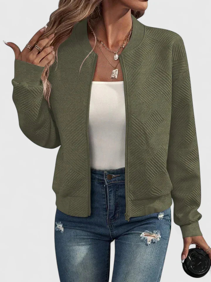Stand Collar Textured Knit Zip Front Long Sleeve Bomber Jacket