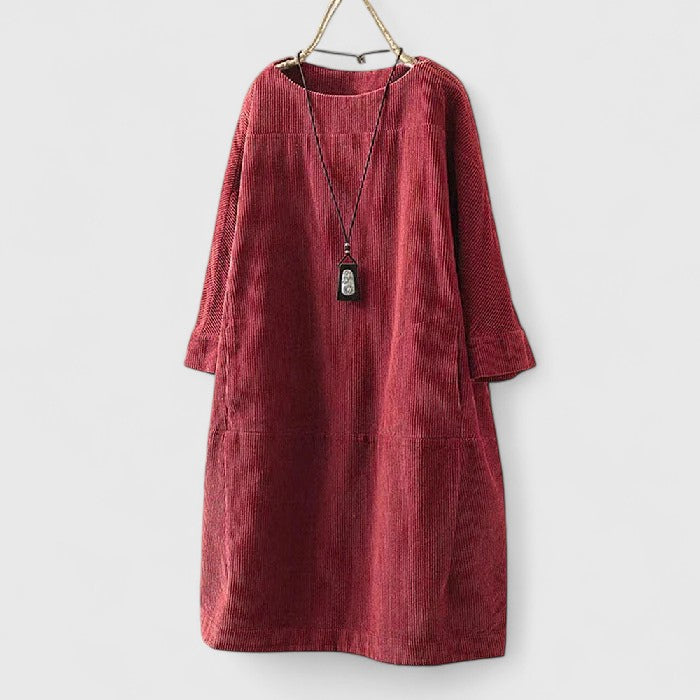 Round Neck Corduroy Long Sleeve Pocket Shift Midi Dress