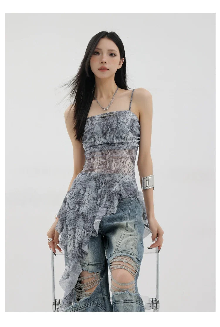Black Asymmetric Ribbon Strap Tank Top With Ruffle Edge Design
