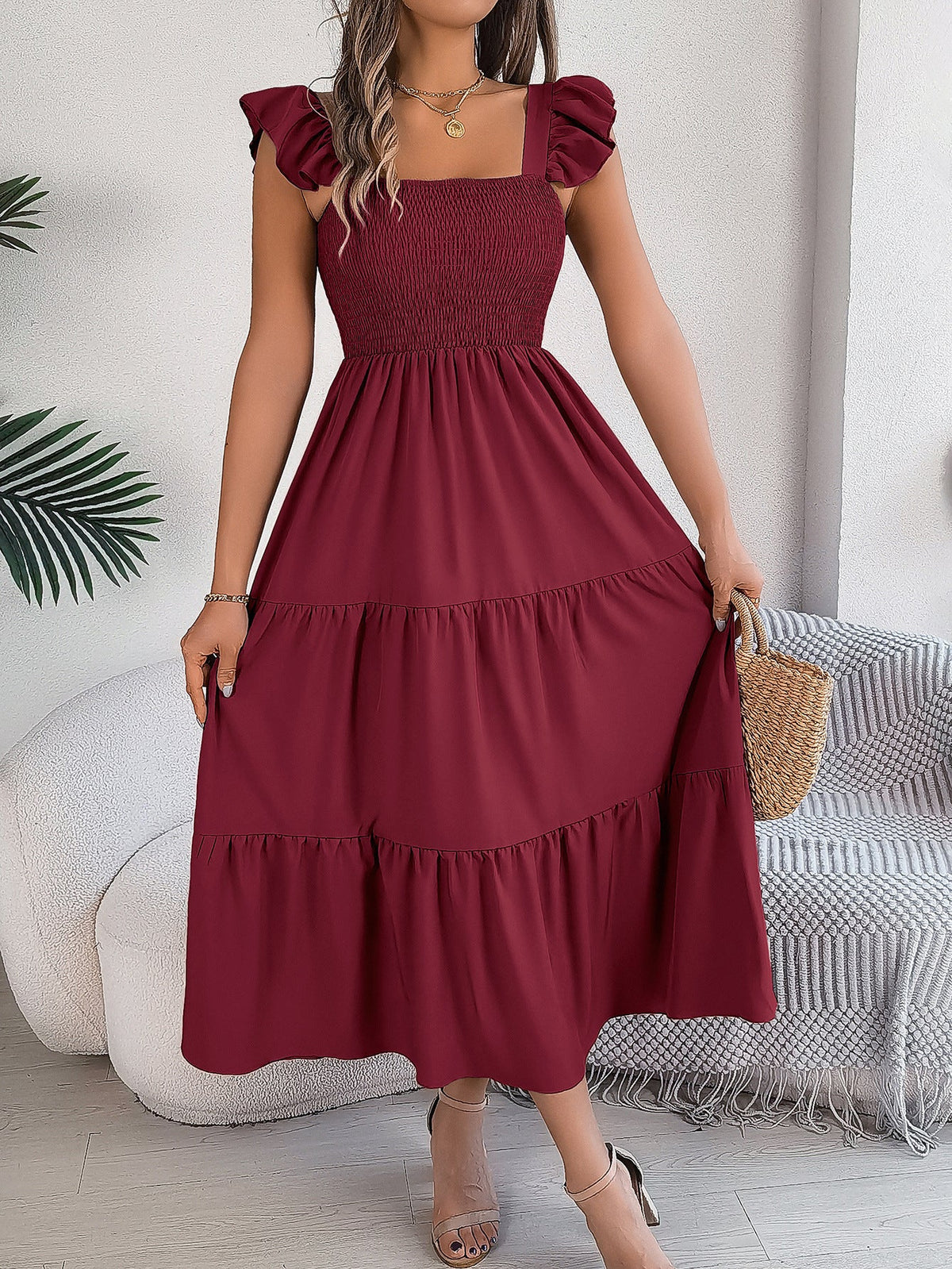 Wine Red Square Neck Flutter Sleeve Shirred Tiered Flowy Midi Dress 3