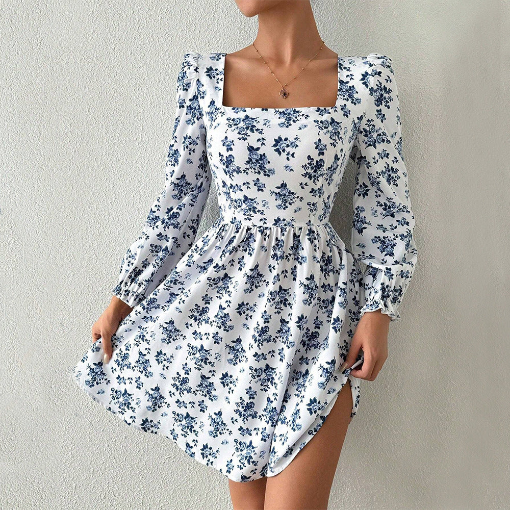 French Square Collar Elegant Dress High Waist Backless Lace up Floral