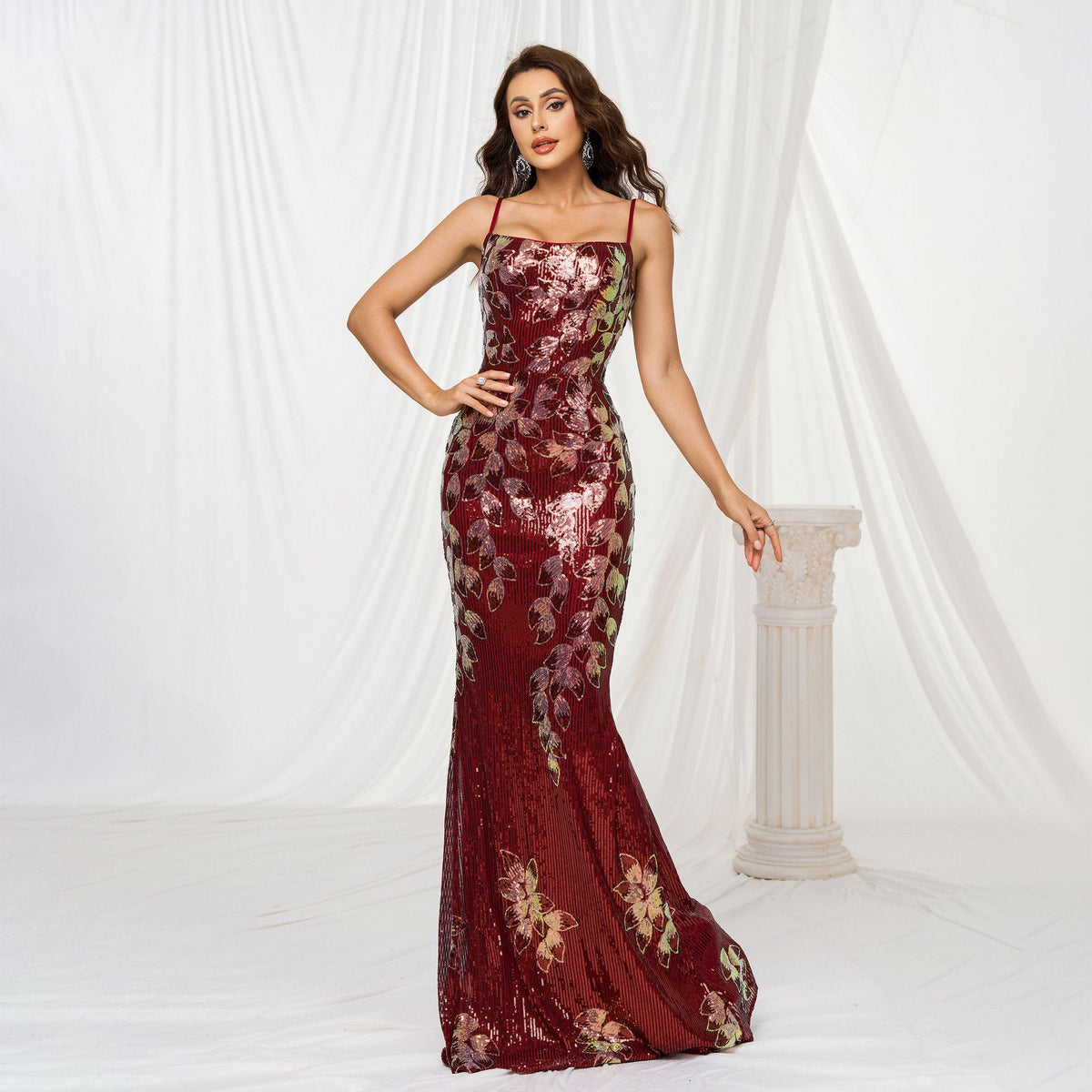 Red Spaghetti Strap Floral Sequin Mermaid Maxi Gown