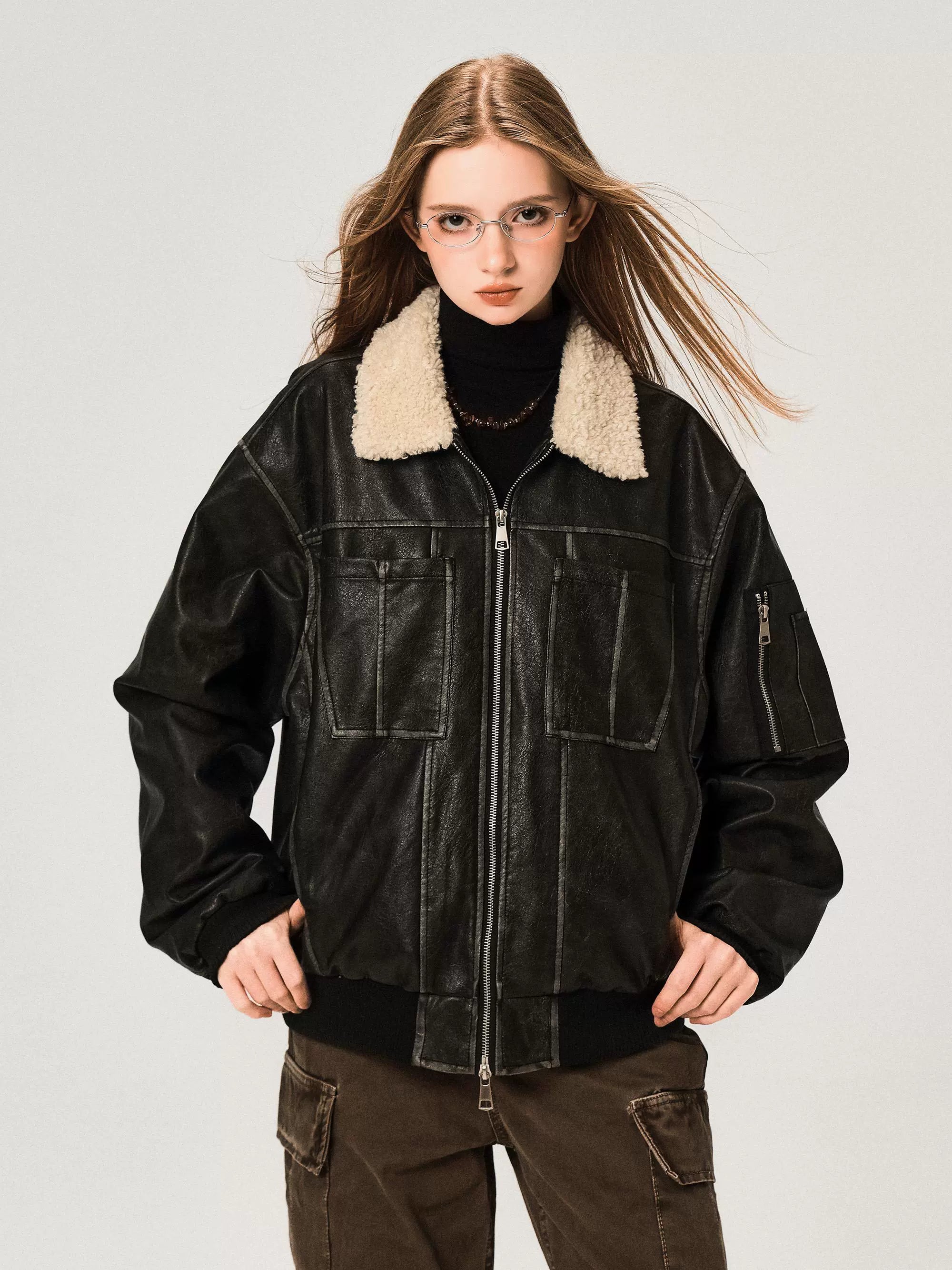 PU Leather Jacket with Lamb Wool Collar