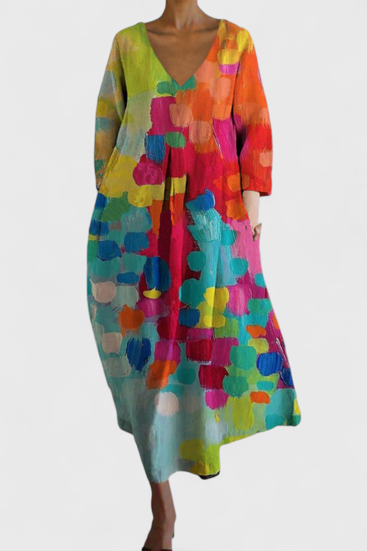 V-Neck Abstract Watercolor Print Pleated Pocket Cocoon Midi Dress