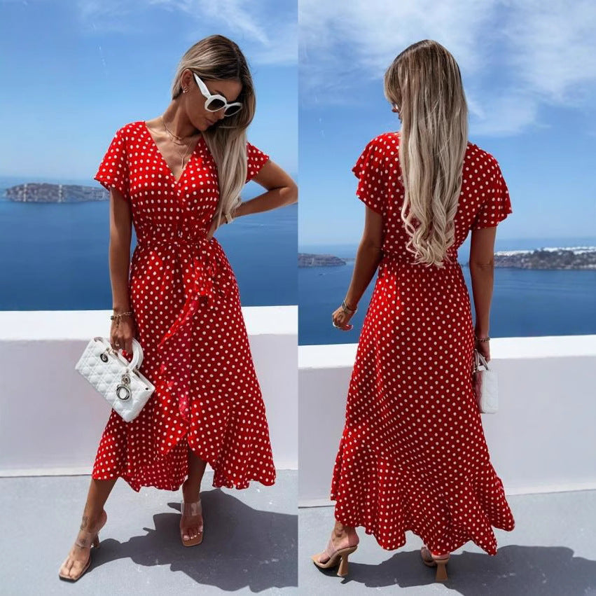 Yolanda Chic Women's Asymmetrical Maxi Dress with Dots and Low Waist Elevated Occasion Wear