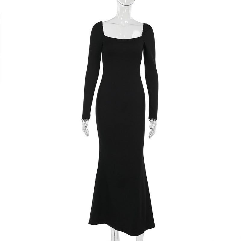 Square Collar Slimming Elegant Black Dress