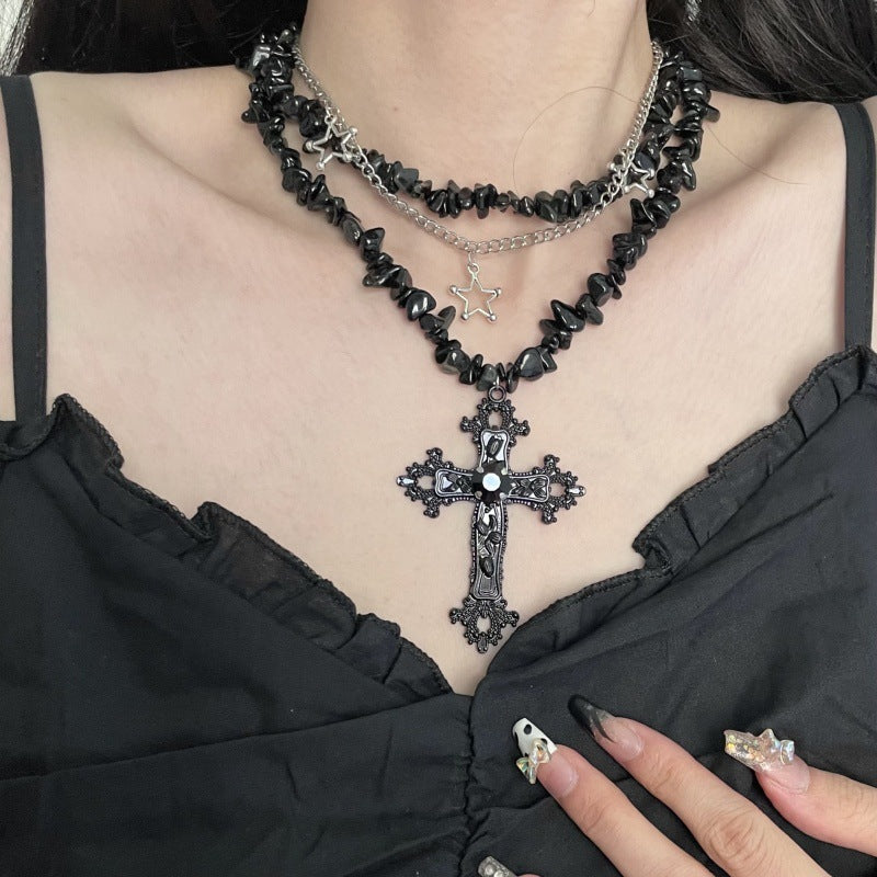 Sweet Cool Diamond Cross Star Double Layer Hiphop Fashion Necklace