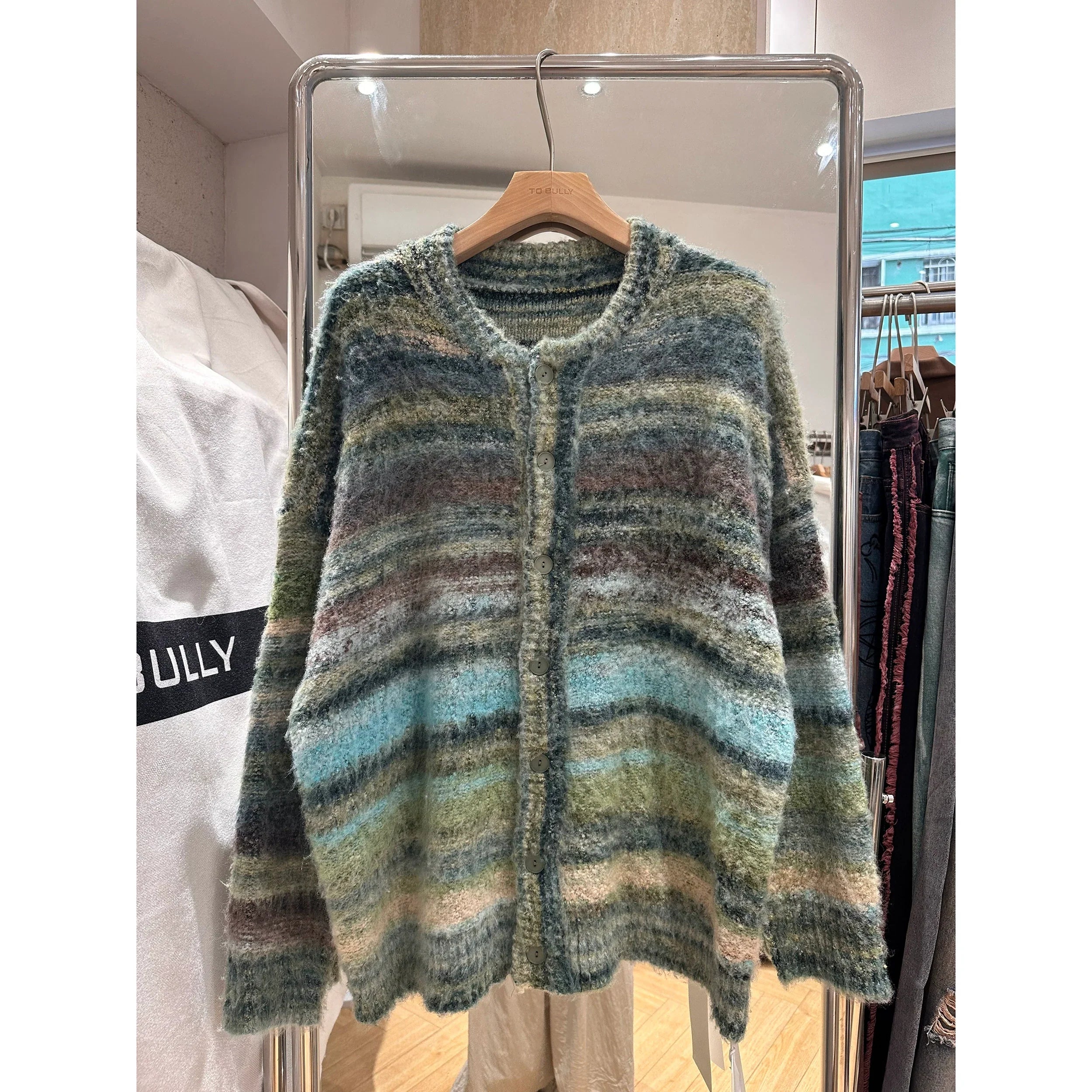 Oversized Fuzzy Striped Button-Up Cardigan