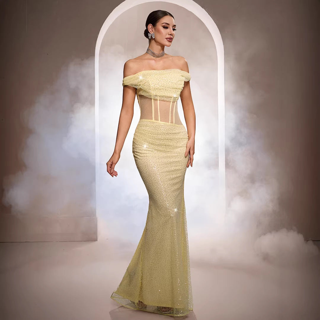 Women Clothing High Grade Sleeveless off Neck Sheath Cocktail Sequined Fishtail Evening Dress