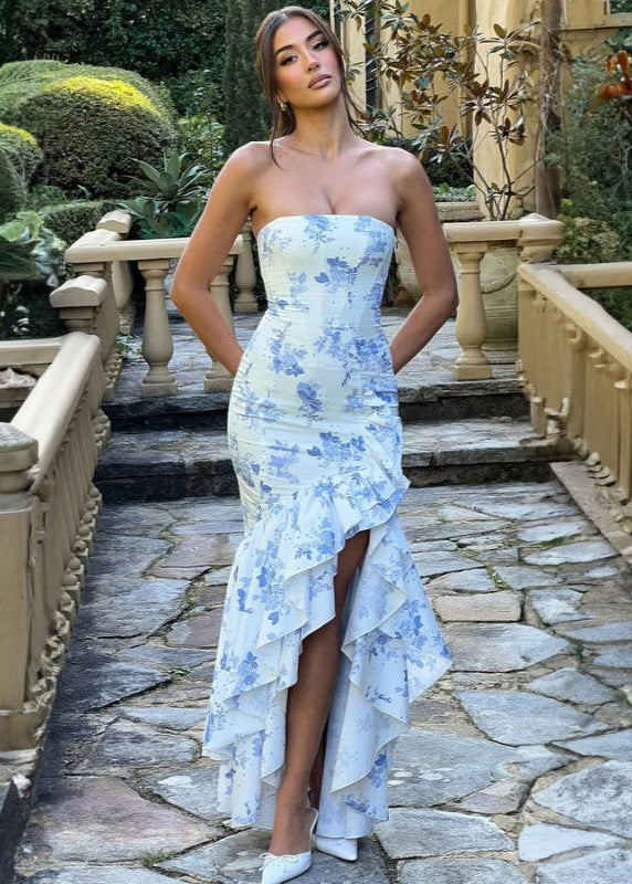 Floral Elegance Strapless Ruffled Maxi Dress
