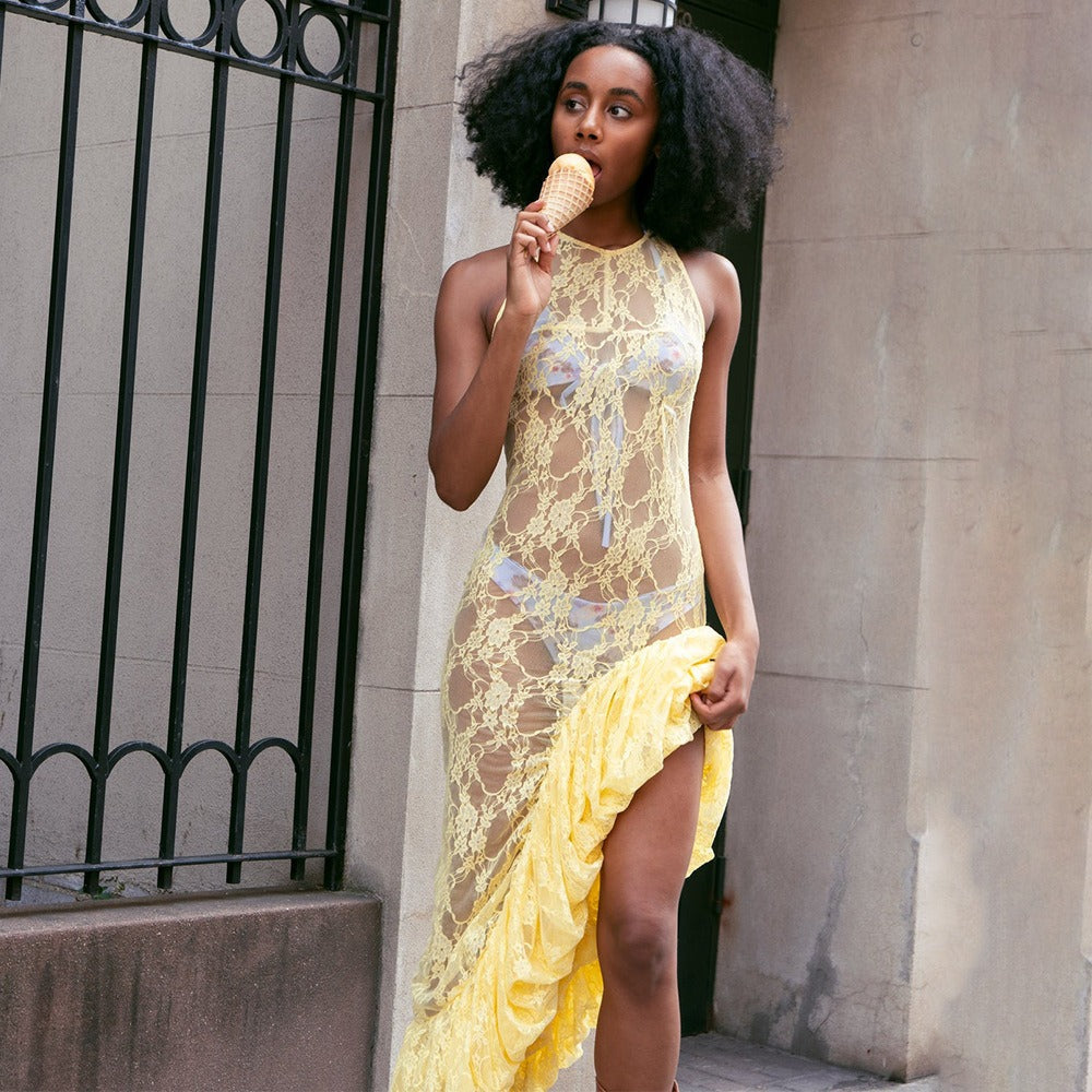 Round Neck Sheer Lace Ruffle Asymmetrical High Slit Maxi Dress