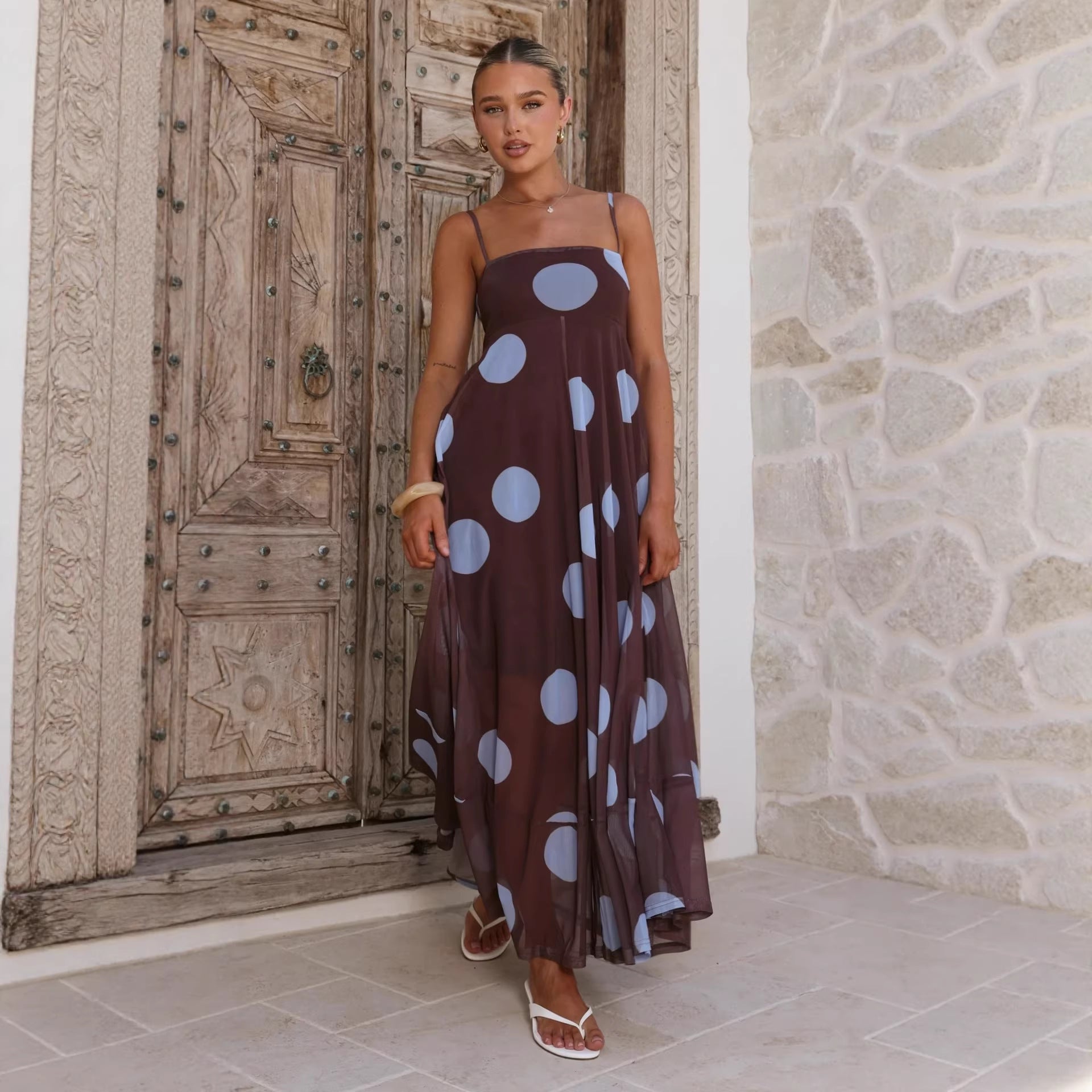 Summer Cami Dress Mesh Polka Dot Print High Waist Big Swing Cami Dress
