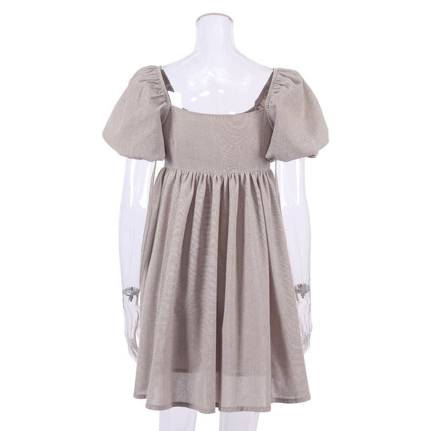 Cute Puff Sleeve Square Neck Linen Babydoll Mini Dress - Khaki