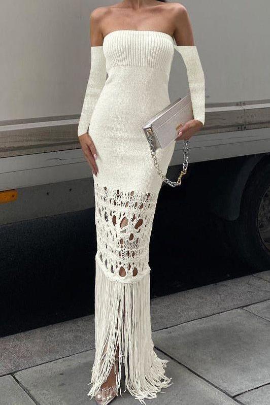 Tassel Off Shoulder Long Skirt Bodycon Dress