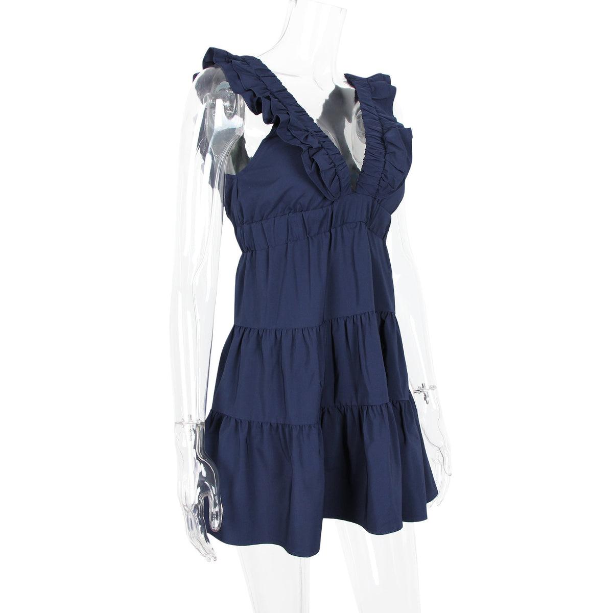 Deep V-Neck Ruffle Trim Tiered A-Line Mini Dress