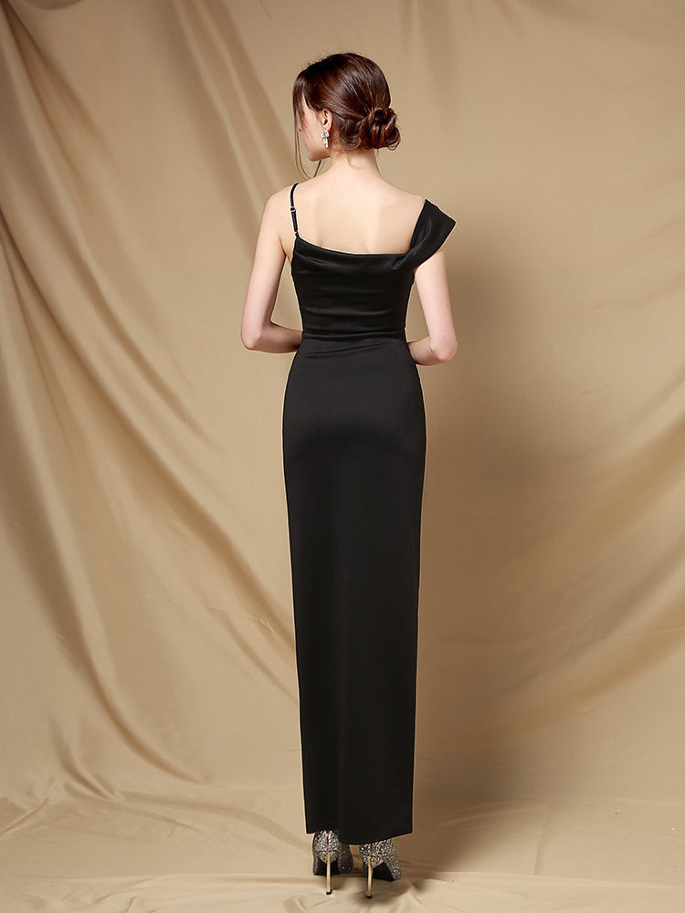 Line shoulder slim banquet evening dress