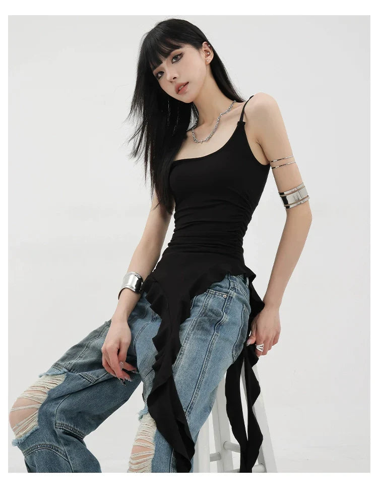 Black Asymmetric Ribbon Strap Tank Top With Ruffle Edge Design