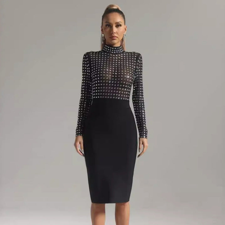 Mesh Stitching Bandage One Piece Turtleneck Diamond Nightclub Party Dress