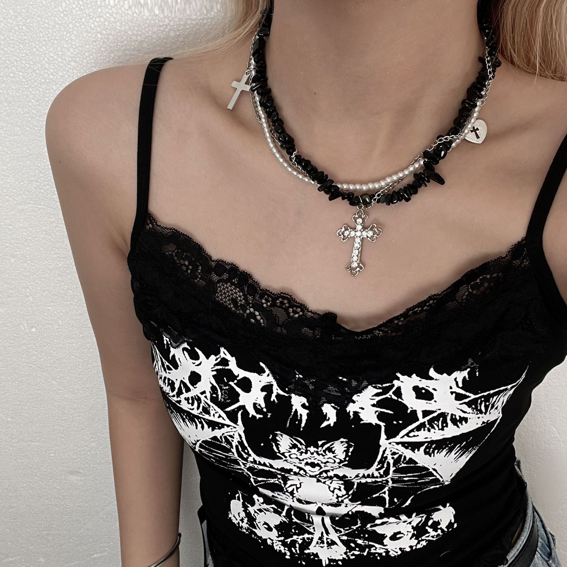 Sweet Cool Multilayered Heart Cross Necklace