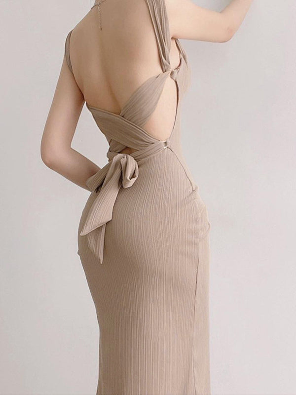 Black Tank Long Bodycon Dress With Tie Back L / Khaki Bodycon Dress