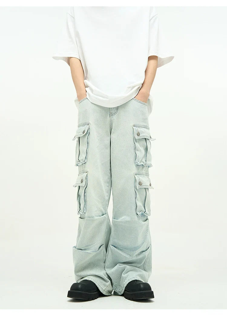 Light Wash Baggy Cargo Jeans with Multiple Flap Pockets