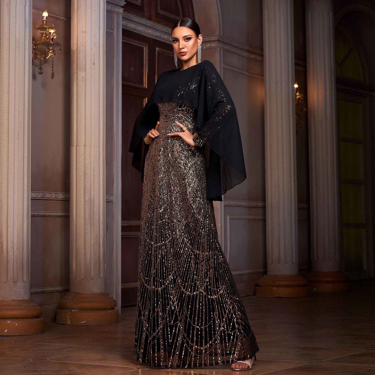 Gold Round Neck Sequin Chiffon Cape Long Sleeve Column Maxi Gown
