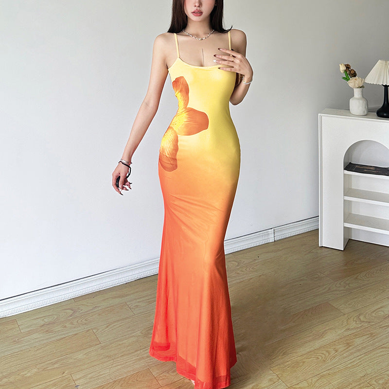 Gradient square neck backless contrast 2-way cami midi dress