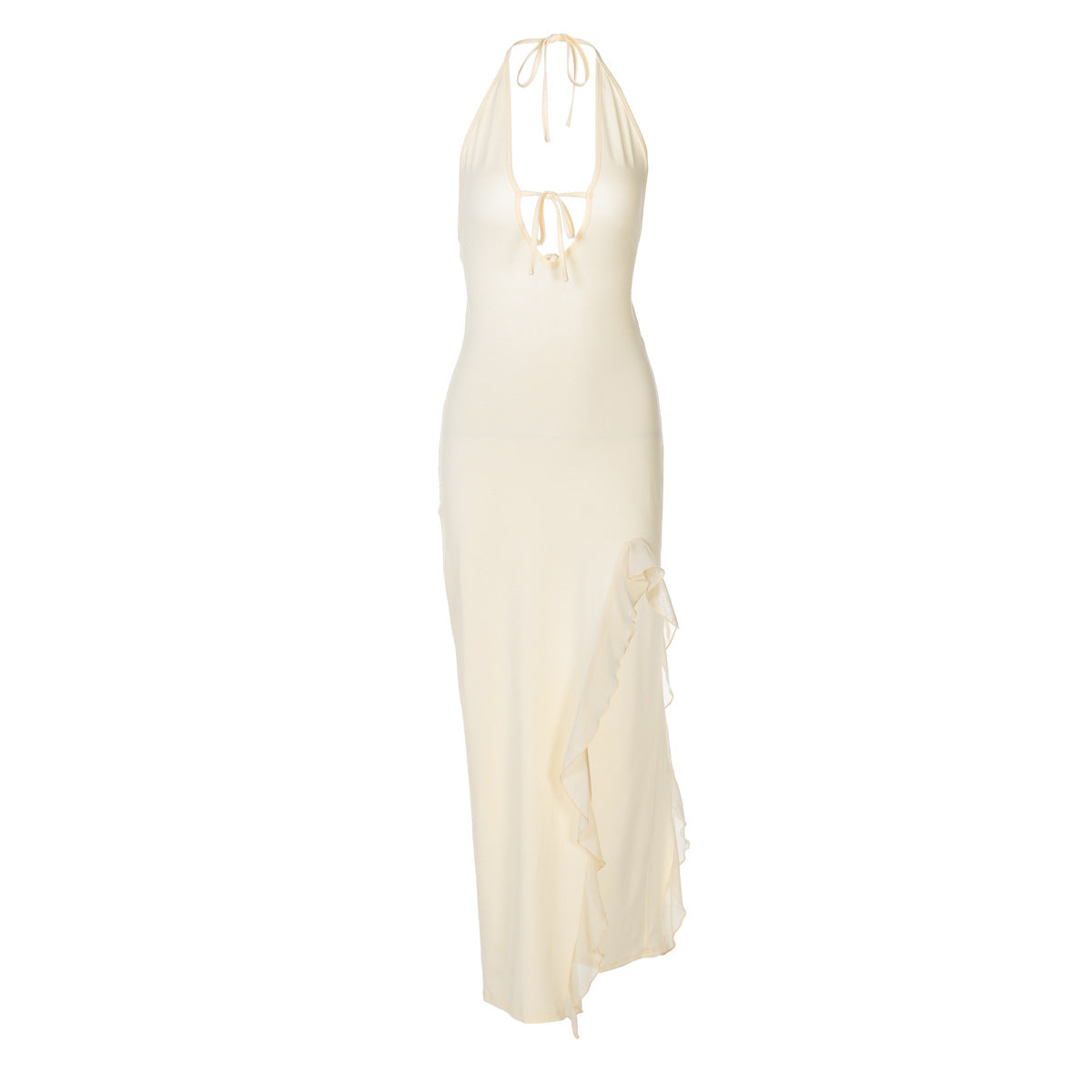 Ruffled V neck Lace up Backless Dress