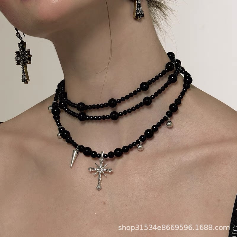 Dark Gothic Cross Beaded Multilayer Sweater Necklace